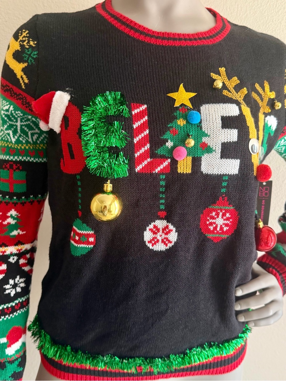 Christmas Ugly sweater or festive BELIEVE' Holiday Knit Large L 11-13 nwt